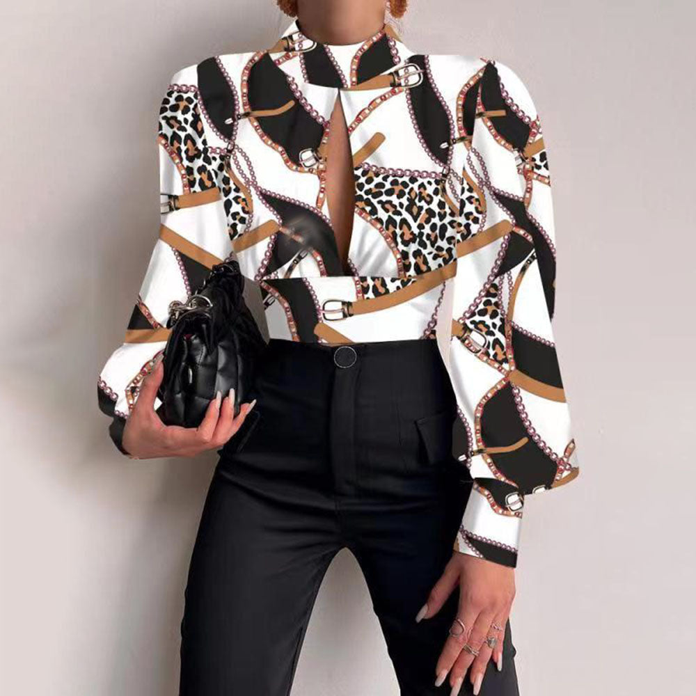 Casual Hollow Print Long Sleeve Crop Top