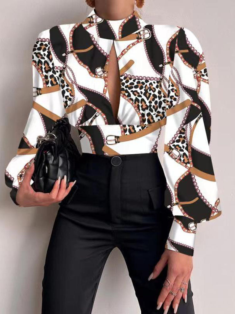 Casual Hollow Print Long Sleeve Crop Top