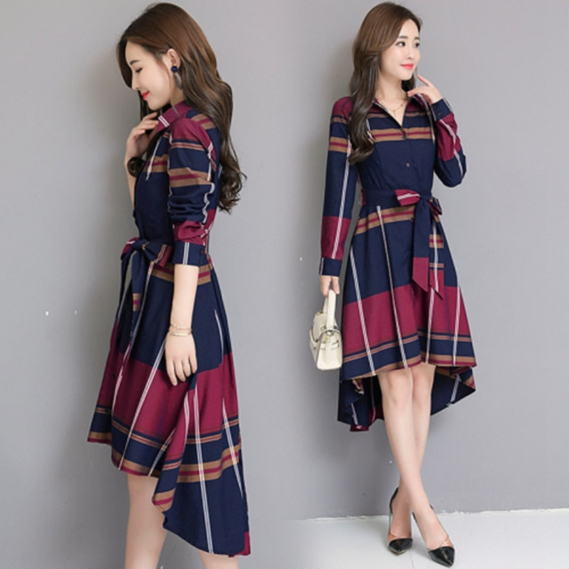 Long Sleeve Grid Stripe Dress