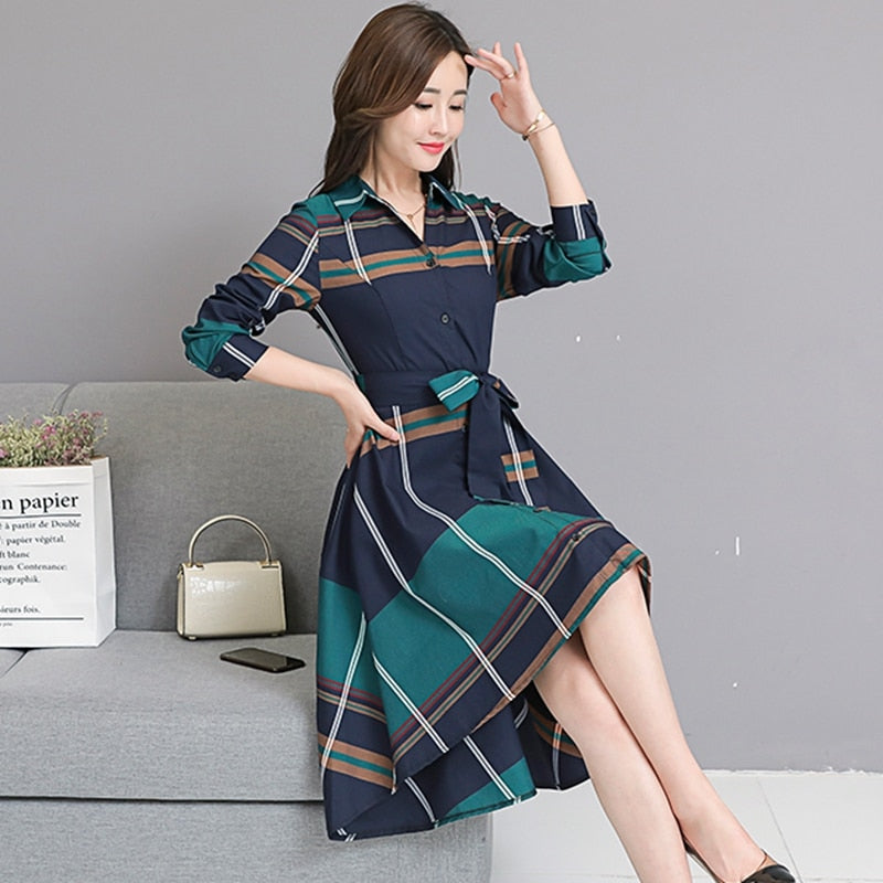 Long Sleeve Grid Stripe Dress