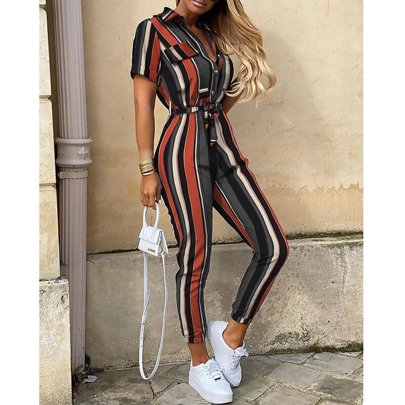 Summer Autumn Women Lapel Jumpsuits