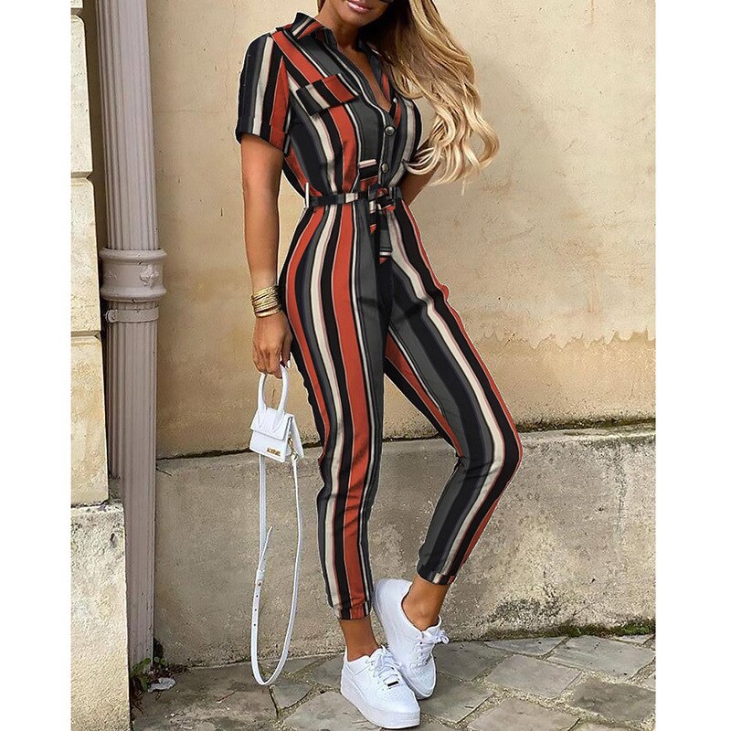 Summer Autumn Women Lapel Jumpsuits