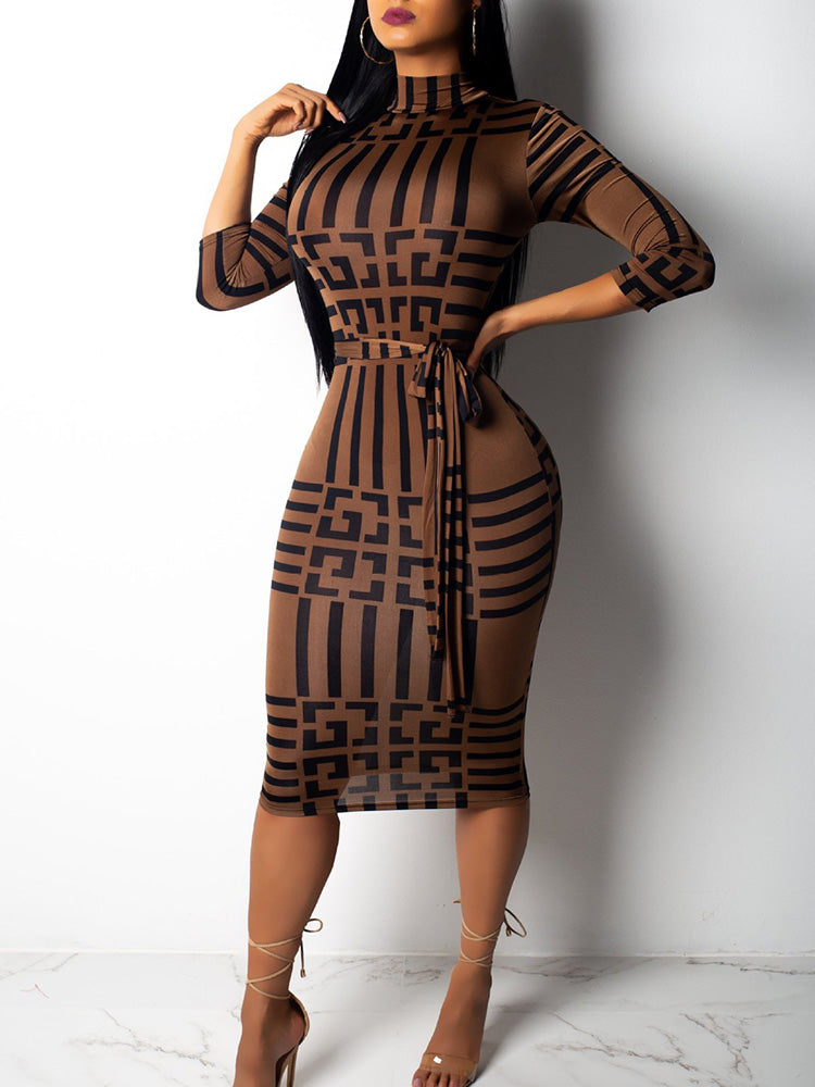 Three Quarters Sleeve Mock Neck Striped Colorblock Bodycon Dress