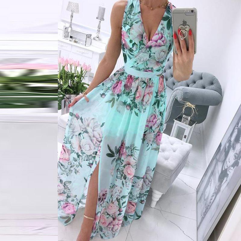 Deep V-Neck Sleeveless Chiffon Split Maxi Dress