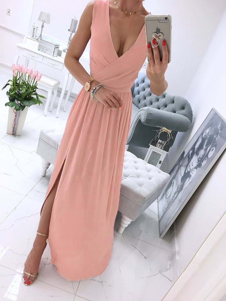 Deep V-Neck Sleeveless Chiffon Split Maxi Dress