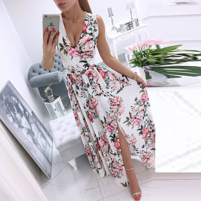 Deep V-Neck Sleeveless Chiffon Split Maxi Dress