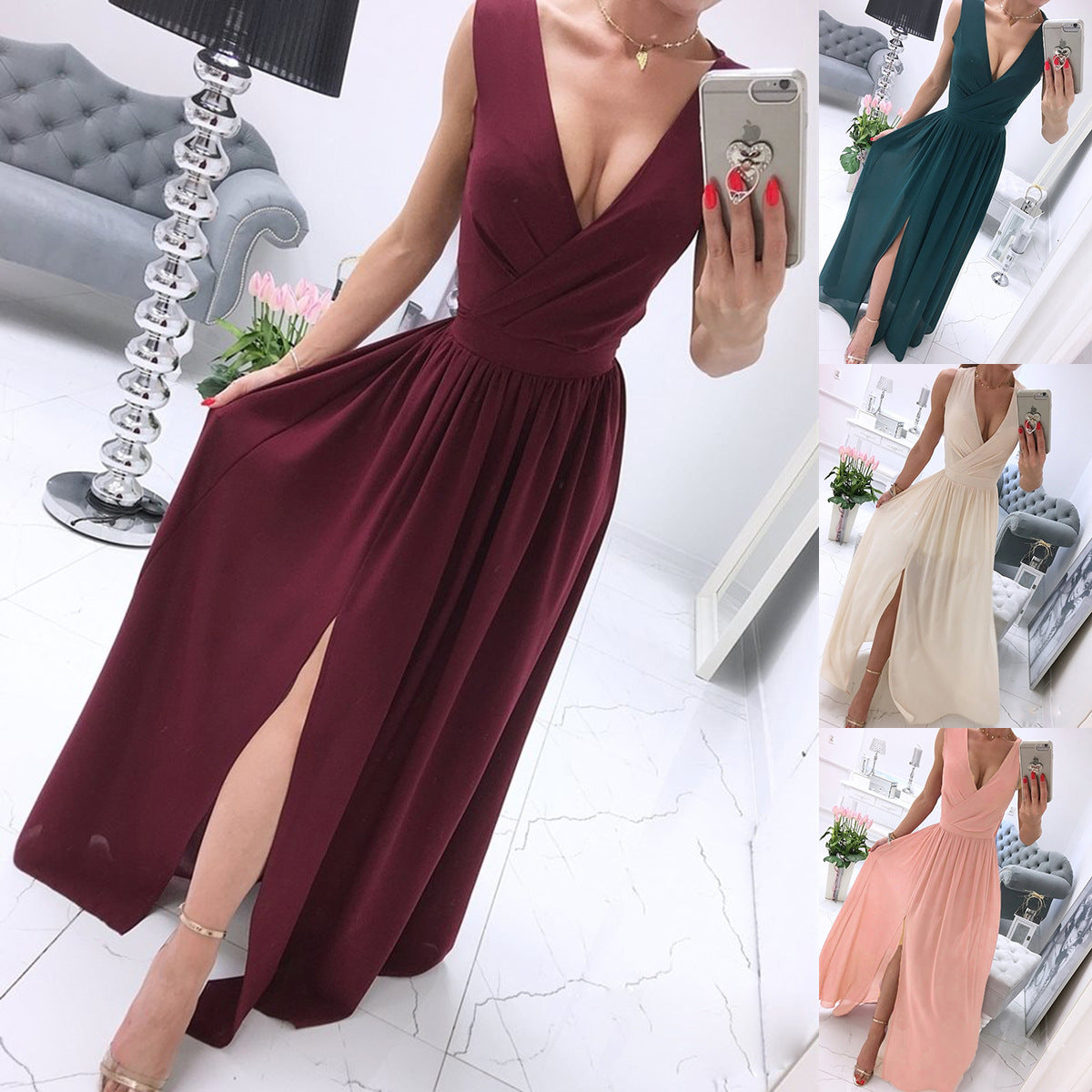 Deep V-Neck Sleeveless Chiffon Split Maxi Dress