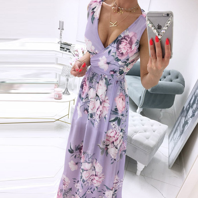 Deep V-Neck Sleeveless Chiffon Split Maxi Dress