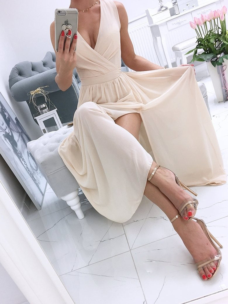 Deep V-Neck Sleeveless Chiffon Split Maxi Dress