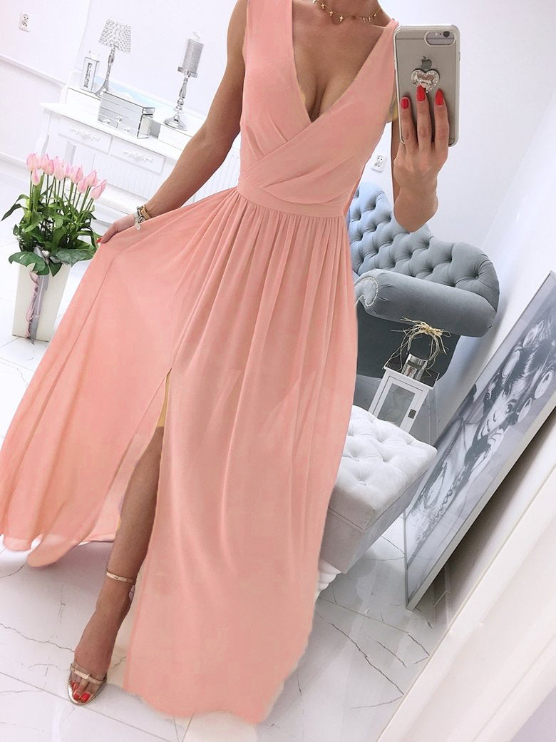 Deep V-Neck Sleeveless Chiffon Split Maxi Dress