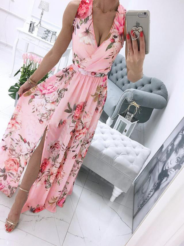 Deep V-Neck Sleeveless Chiffon Split Maxi Dress