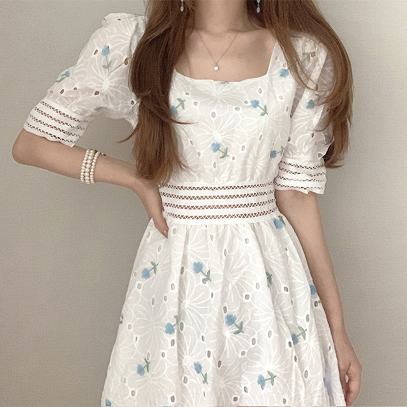 Puff Sleeve Embroidery Flower Vintage Boho Long Square Neck Dress
