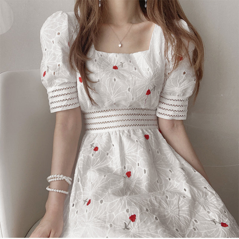 Puff Sleeve Embroidery Flower Vintage Boho Long Square Neck Dress