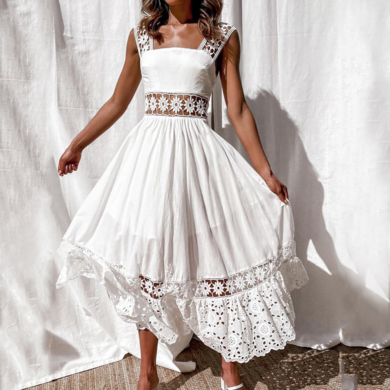 Summer Elegant White Lace Hollow Out Maxi Dress