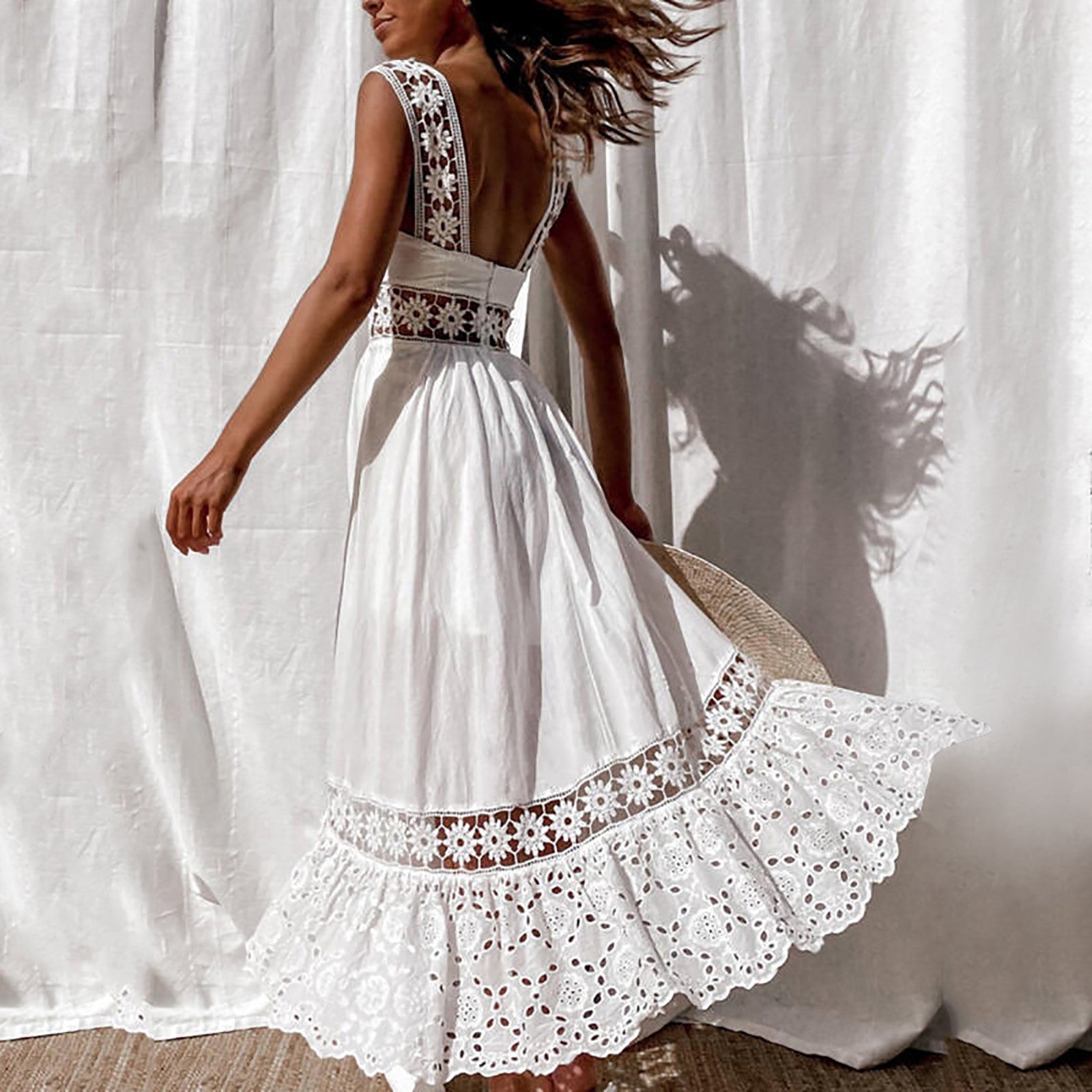 Summer Elegant White Lace Hollow Out Maxi Dress