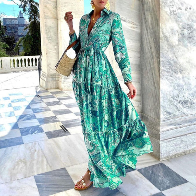Summer Loose Turn-down Collar Button Boho Maxi Beach Dress