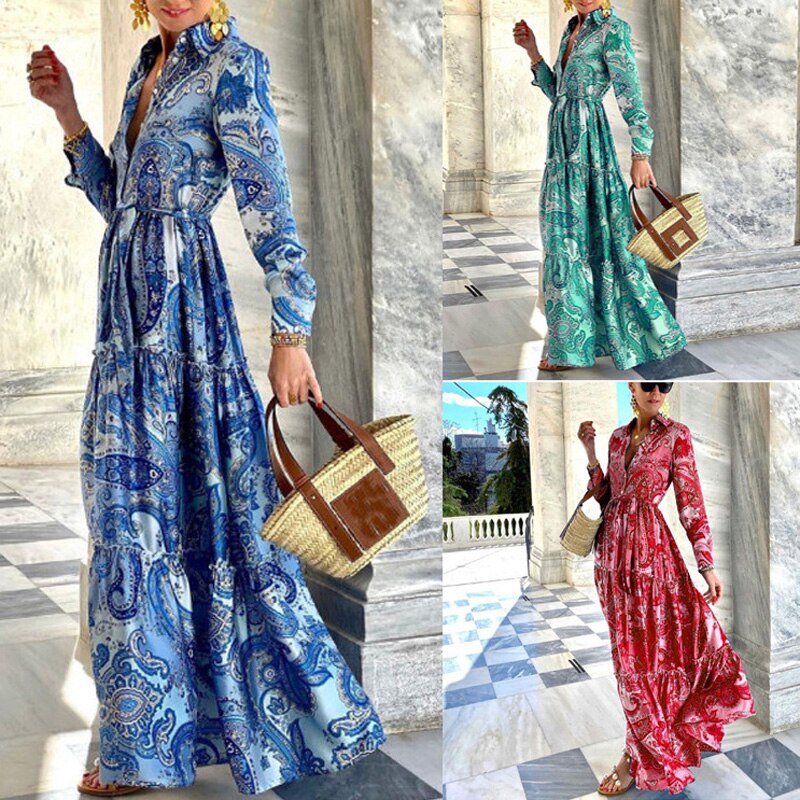 Summer Loose Turn-down Collar Button Boho Maxi Beach Dress
