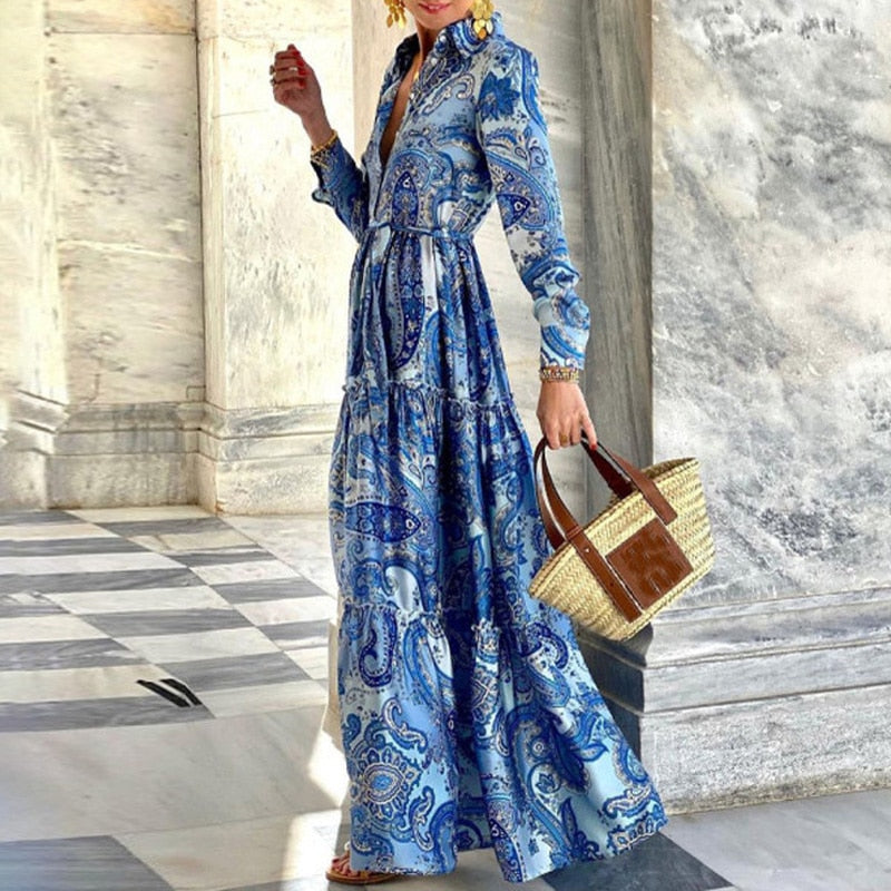 Summer Loose Turn-down Collar Button Boho Maxi Beach Dress