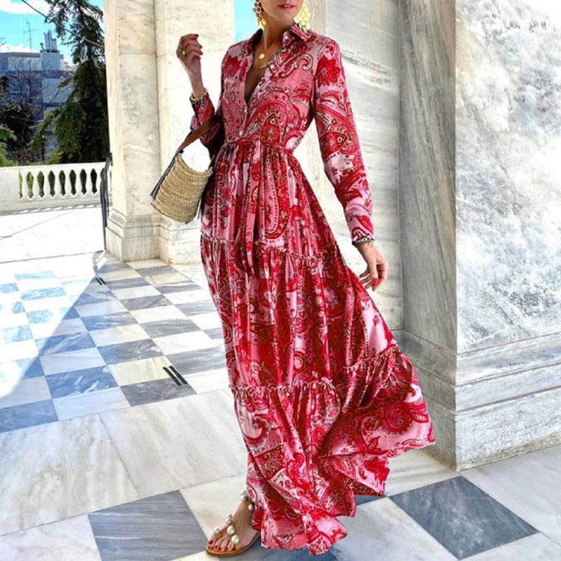 Summer Loose Turn-down Collar Button Boho Maxi Beach Dress