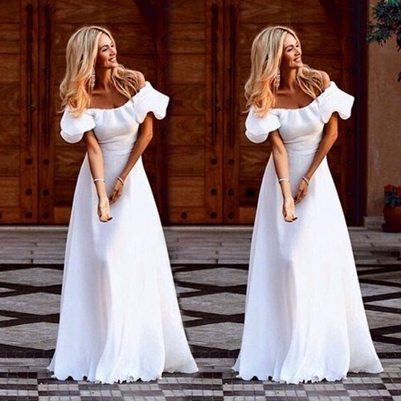 Casual Twill Strapless Ruffled White Long Dress