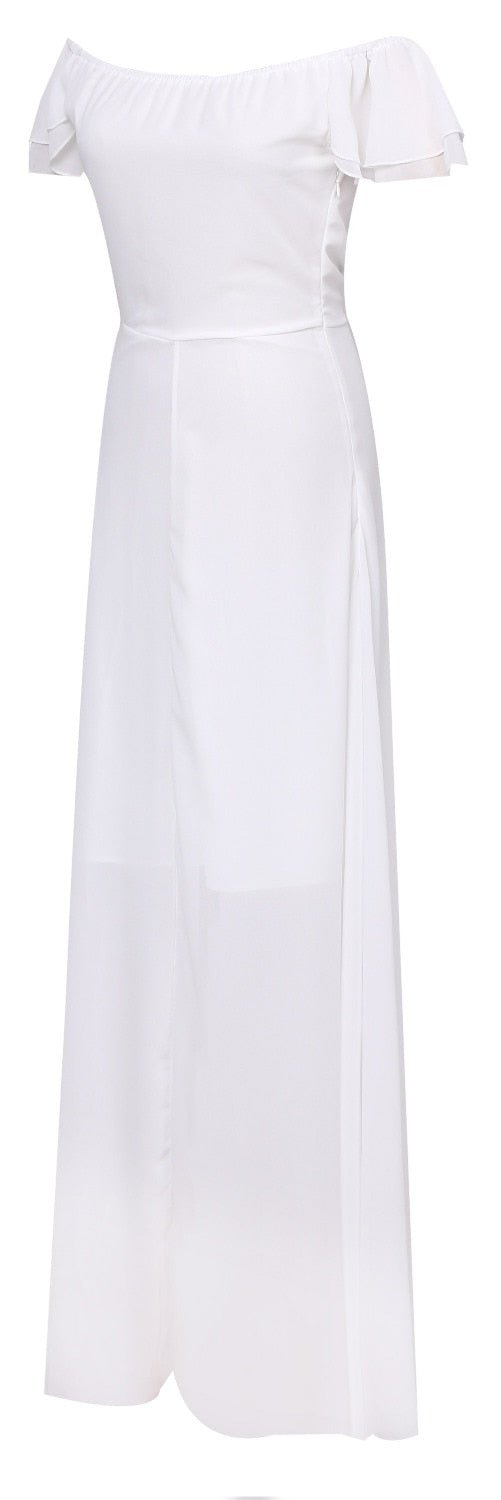 Casual Twill Strapless Ruffled White Long Dress