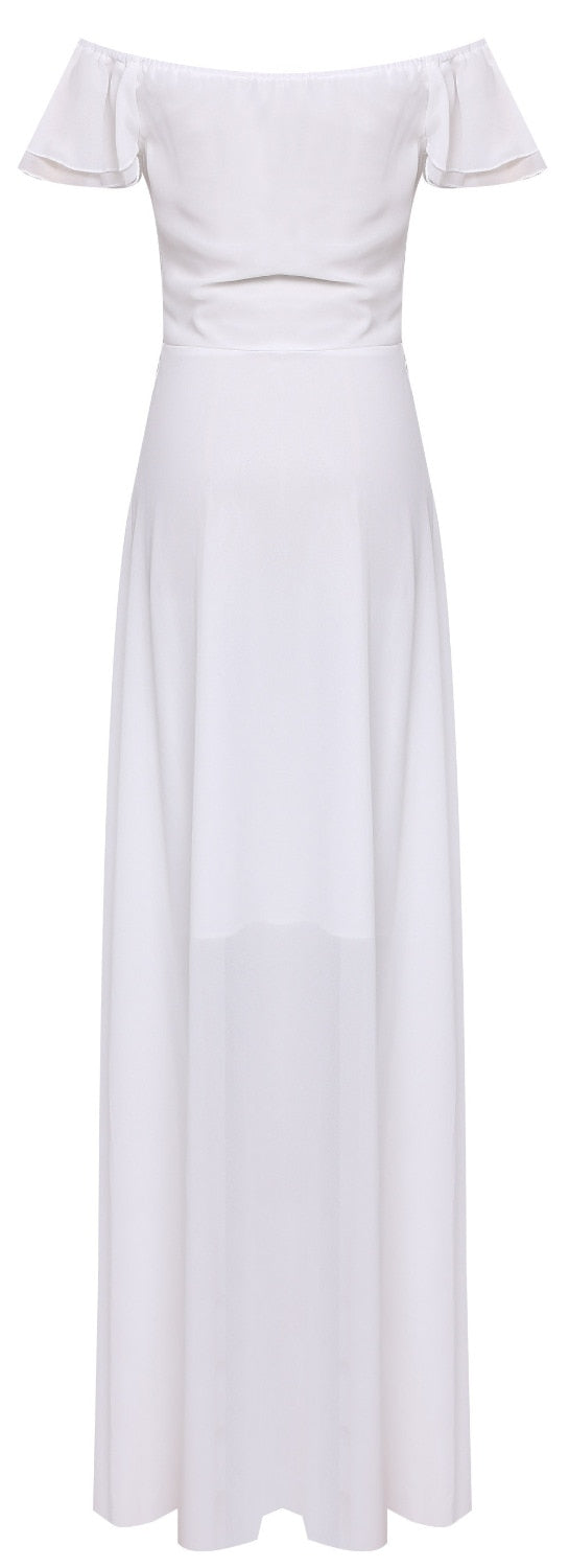 Casual Twill Strapless Ruffled White Long Dress