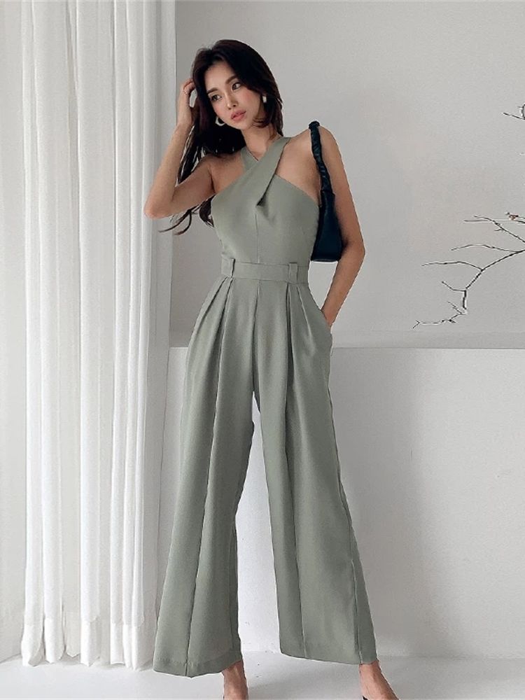 Solid Wide Leg Sexy Backless Jumpsuits
