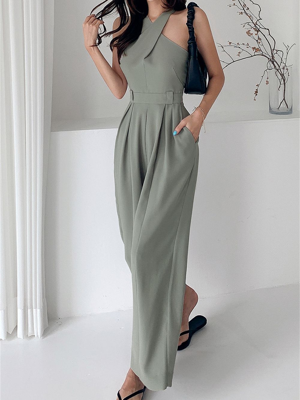 SSolid Wide Leg Sexy Backless Jumpsuits