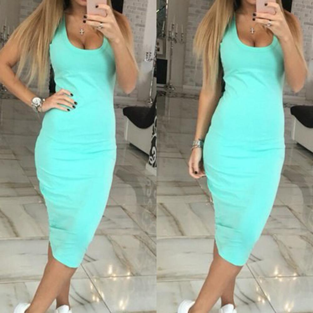 Summer Party Sexy Lady Solid Color U Neck Sleeveless Slims Fit Bodycon Pencil Dress