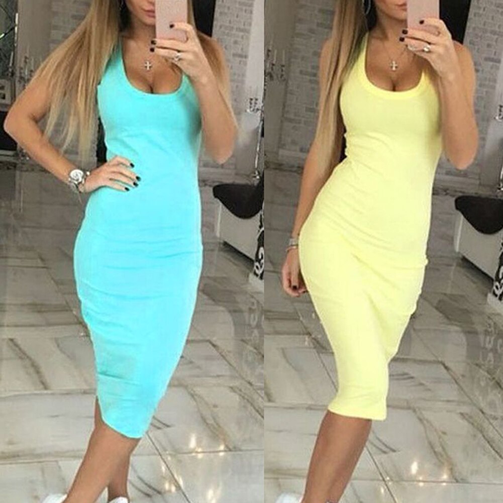 Summer Party Sexy Lady Solid Color U Neck Sleeveless Slims Fit Bodycon Pencil Dress