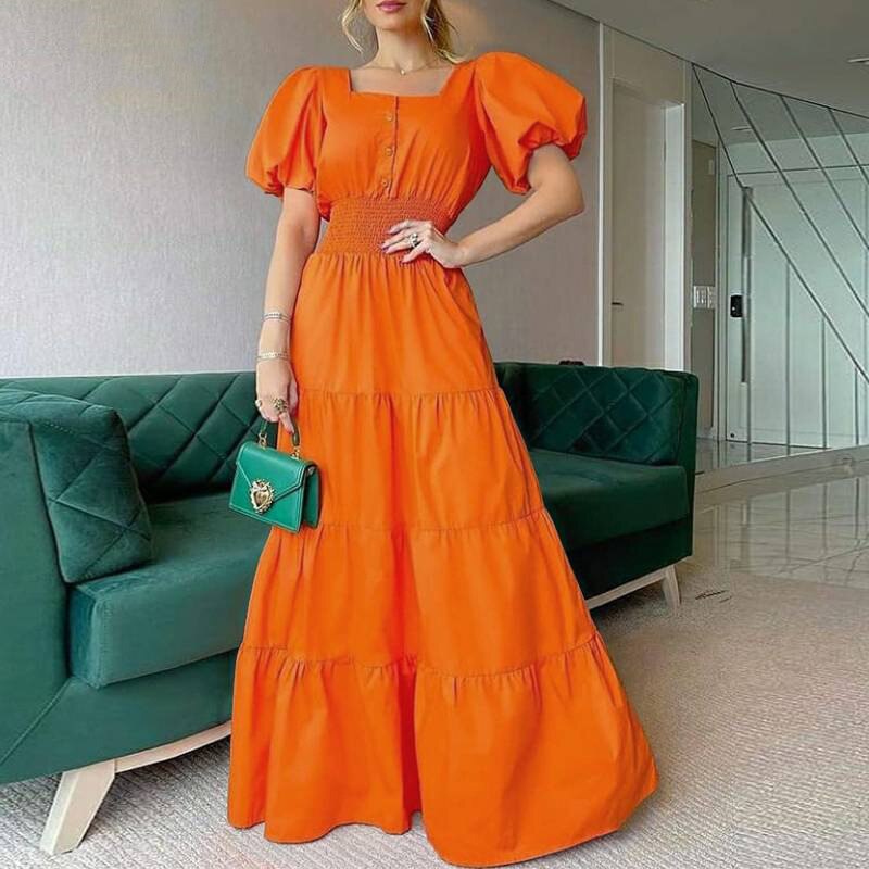 Spring Puff Shoulder Solid Button Maxi Dress