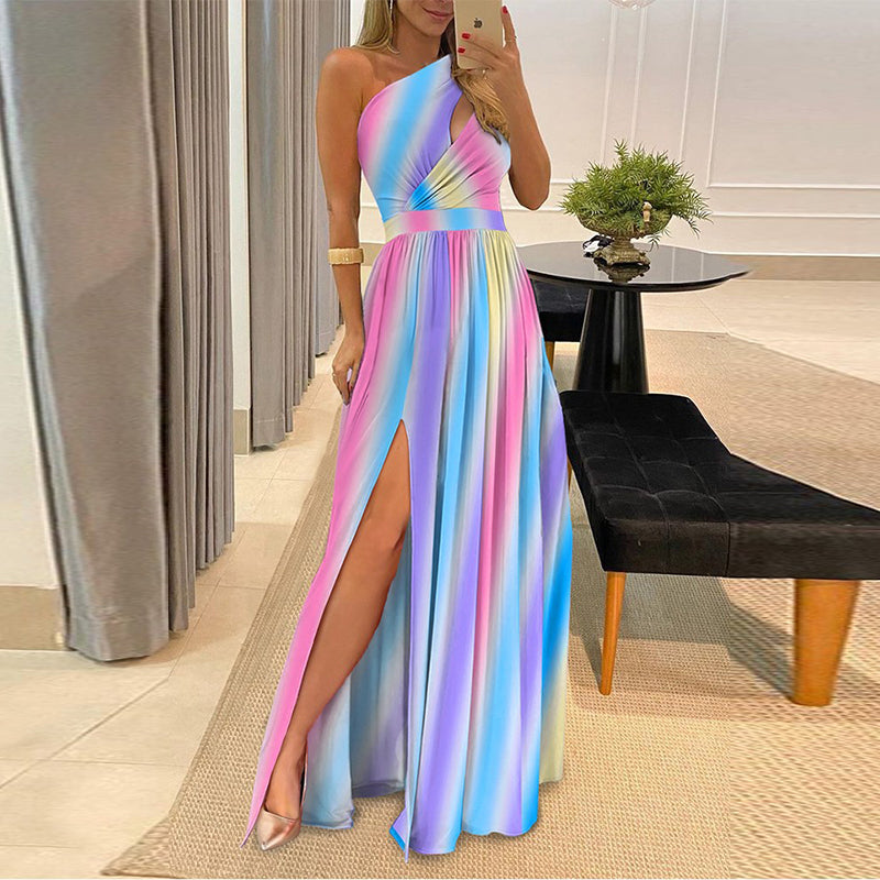 Sleeveless Draped One Shoulder High Slit Maxi Dress