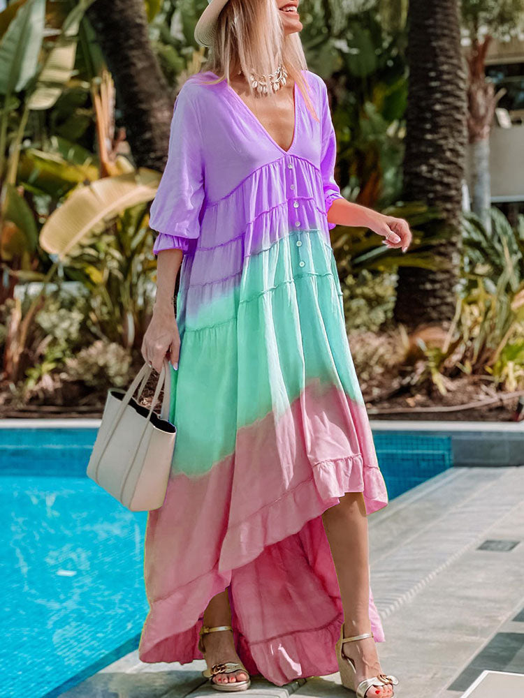 Summer Deep V 3/4 Sleeve Gradient Print Irregula Long Dress