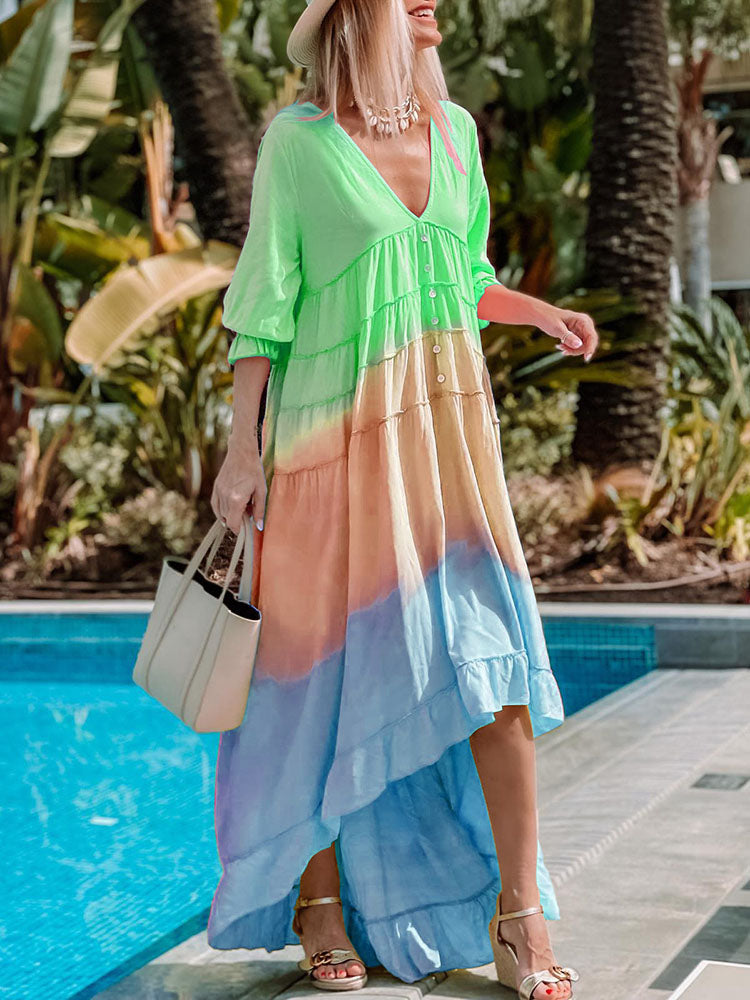 Summer Deep V 3/4 Sleeve Gradient Print Irregula Long Dress