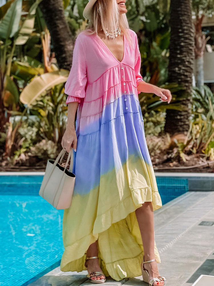 Summer Deep V 3/4 Sleeve Gradient Print Irregula Long Dress