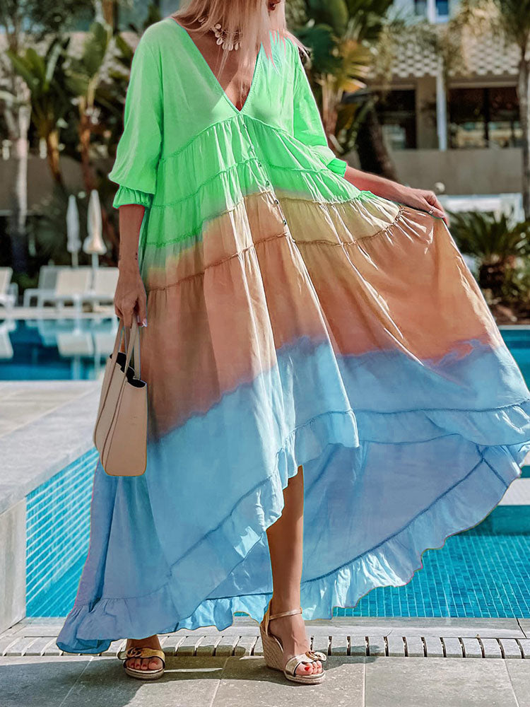 Summer Deep V 3/4 Sleeve Gradient Print Irregula Long Dress