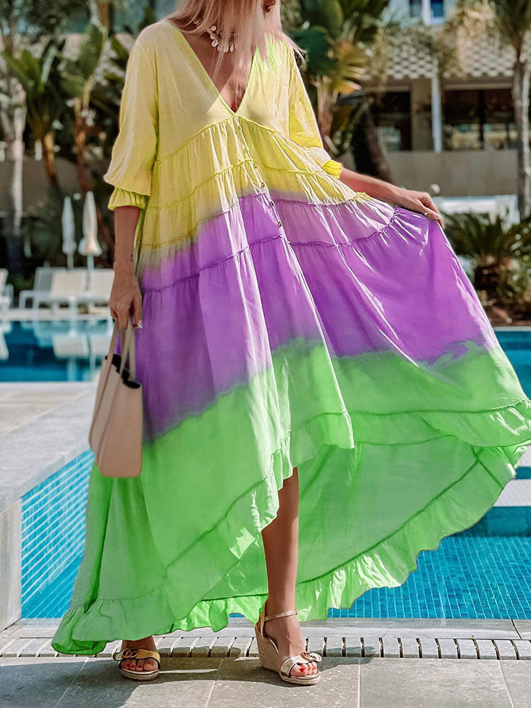Summer Deep V 3/4 Sleeve Gradient Print Irregula Long Dress