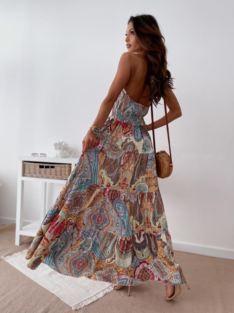 Floral Print Backless Bohemian Halter Maxi Dress
