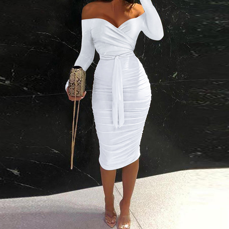 Ruched Lace Up One Shoulder Elegant Bodycon Dress