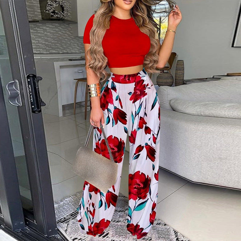 Elegant O Neck Short Sleeve Shirt Pullover + Wide Leg Pants Set