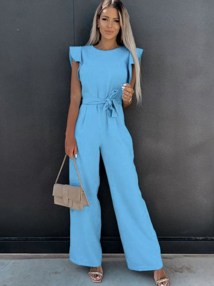 Summer Fashion Casual O-neck Sleeveless Ruffles Belt Jumpsuit