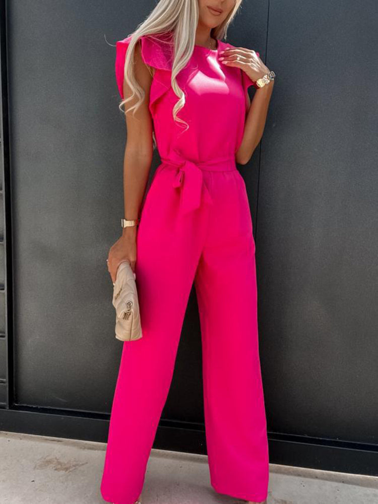 Summer Fashion Casual O-neck Sleeveless Ruffles Belt Jumpsuit
