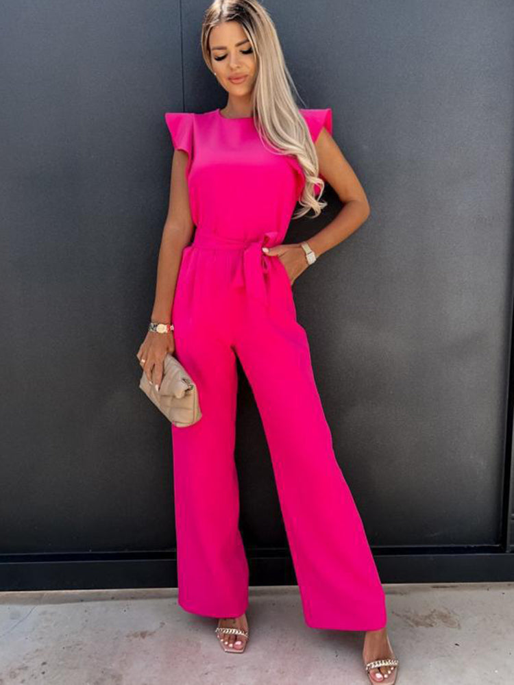 Summer Fashion Casual O-neck Sleeveless Ruffles Belt Jumpsuit