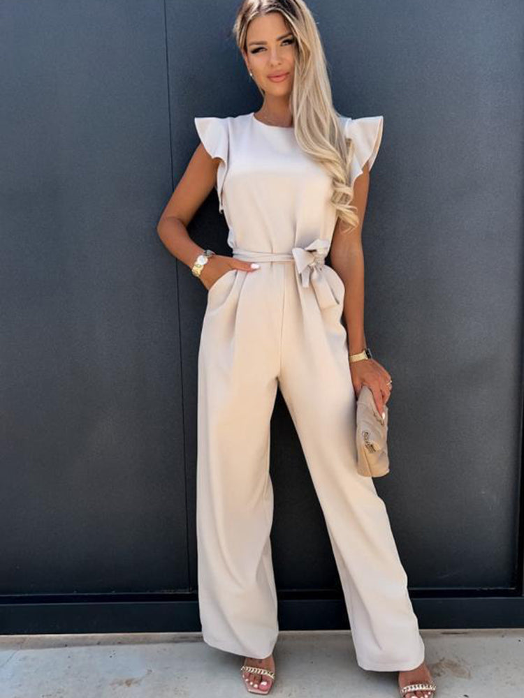 Summer Fashion Casual O-neck Sleeveless Ruffles Belt Jumpsuit