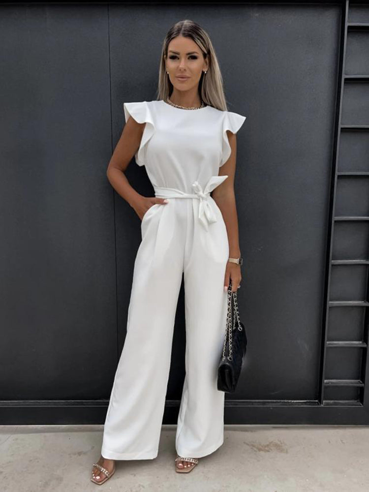 Summer Fashion Casual O-neck Sleeveless Ruffles Belt Jumpsuit