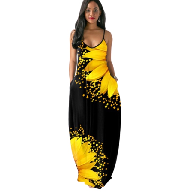Sunflower Print Long Maxi Dress