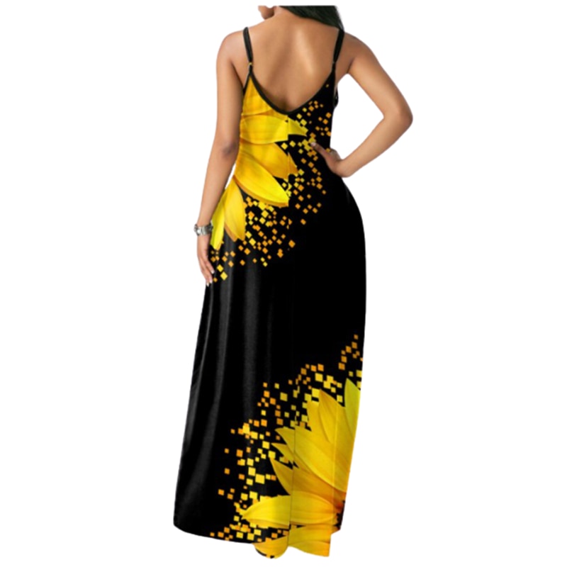 Sunflower Print Long Maxi Dress