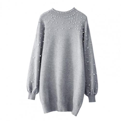 Faux Pearl Decor Autumn Winter Half Turtleneck Knitted Mini Sweater Dress