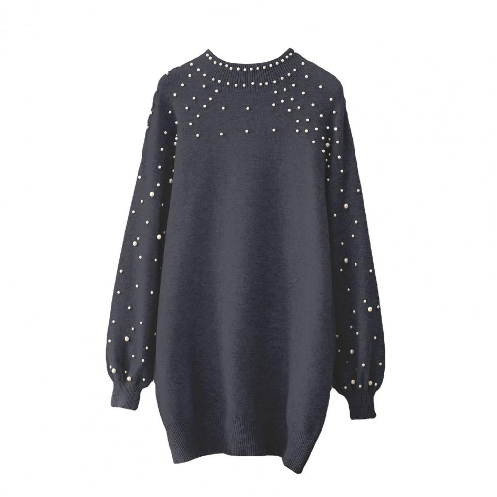 Faux Pearl Decor Autumn Winter Half Turtleneck Knitted Mini Sweater Dress