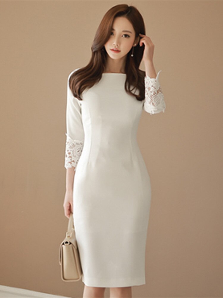 Thick Warm Autumn Winter Lace Sleeve White Slim Sheath Dress